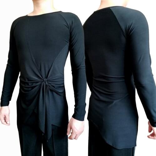 Mens New Latin Ballroom Dance Long Sleeve Tops Competition Dance Dress Male Latin Practice Wear Ribbon Knot Black Shirt VDB1087