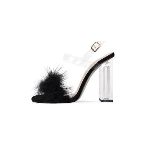 Black Pink Nude Fur Transparent PVC Square Heels Open Toe Buckle Strap High Heel Sandals Woman Casual Comfortable Shoes Lady