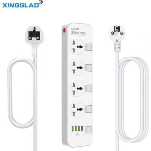 EU/US/UK Plug Extension Socket Switch Universal Surge Protector 10A 4-Outlet 4 USB Power Strip With 2 Meters Long Power Cords
