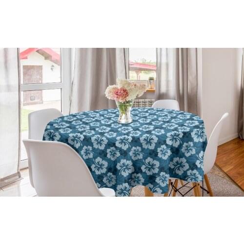 Blue Round Tablecloth Pattern of Hawaiian Hibiscus Flowers Circle Table Cloth Cover for Dining Room Kitchen Decor & Party