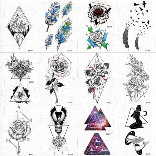 VANKIRS Women Arm Rose Temporary Tattoos Stickers 3D Body Chest Neck Geometry Flower Tatoos Flash Feather Girls Fake Tatoo Paste