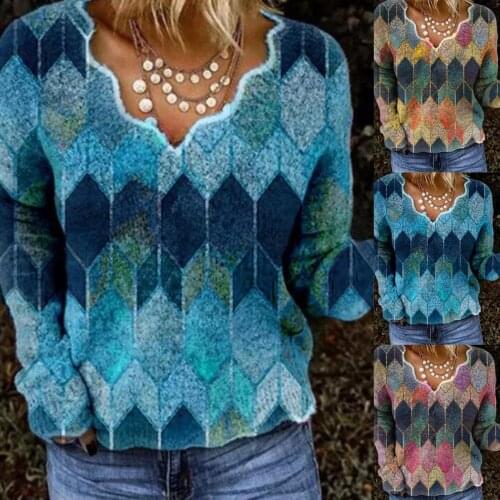 Women Fashionable Long Sleeve V Neck Geometry Floral Print Leisure Blouse woman top 2020 fashion new blouses