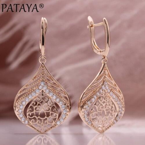 PATAYA New Trendy Natural Zircon Big Hyperbole Unusual Earrings 585 Rose Gold Party Fashion Jewelry Women Hollow Drop Earrings