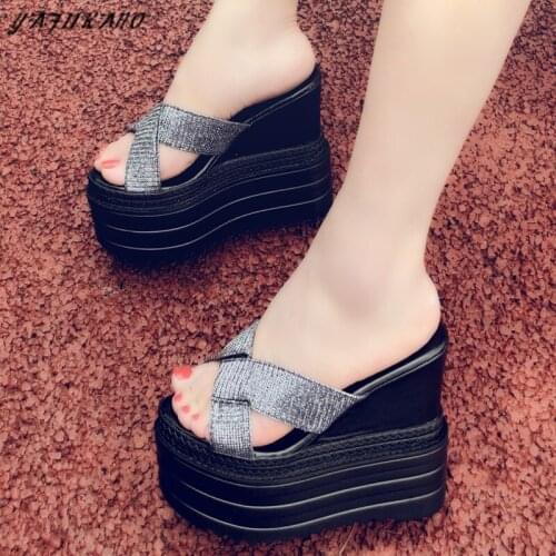 13Cm Super High Heels Wedges Platform Women Slippers Peep Toe Increased Internal Lady Slides Thick-Sole Non-Slip Outdoor Sandals
