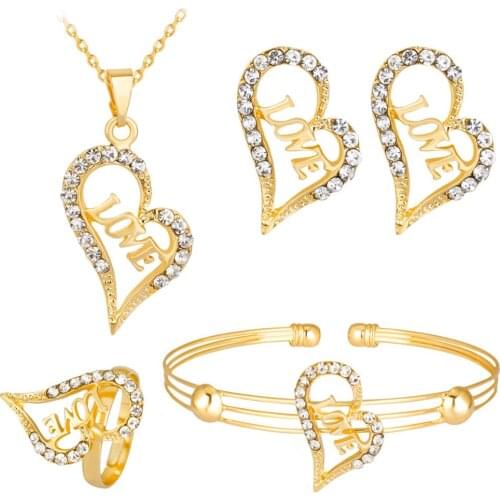 Women Rhinestone Heart LOVE Pendant Necklace Earrings Bracelet Ring Jewelry Set Pendant Necklace Earrings Bracelet Ring Jewelry