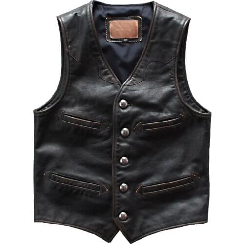 Genuine Leather Vest Mens Head Layer Cowhide Distressed Fashion Slim Locomotive Waistcoat Vest Jacket