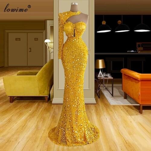 Gold Sparkly Evening Dresses One Shoulder Sequins Evening Gowns Mermaid Elegant Celebrity Wedding Party Dress Vestidos De Noite