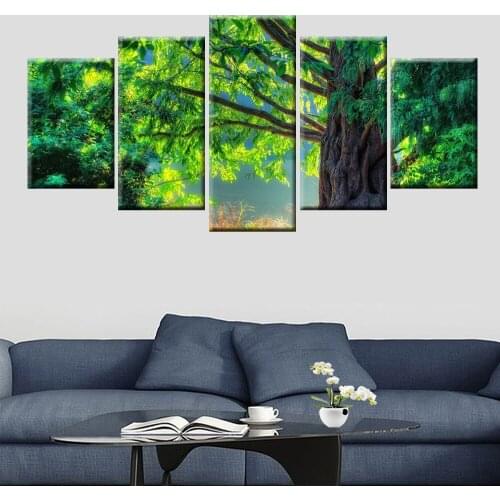 Green Tree Art Landscape Landscape Painting Poster Modular Canvas HD Print Home Decoration Wall Art Picture 5 Pieces
