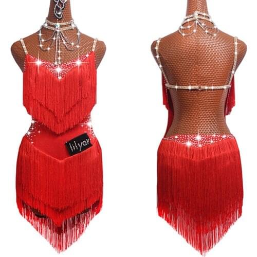 Sparkly Rhinestones Latin Dance Dresses Women Sexy Backless Salsa Fringe Tassel Skirt Evening Dress Ballroom Competition Clothes