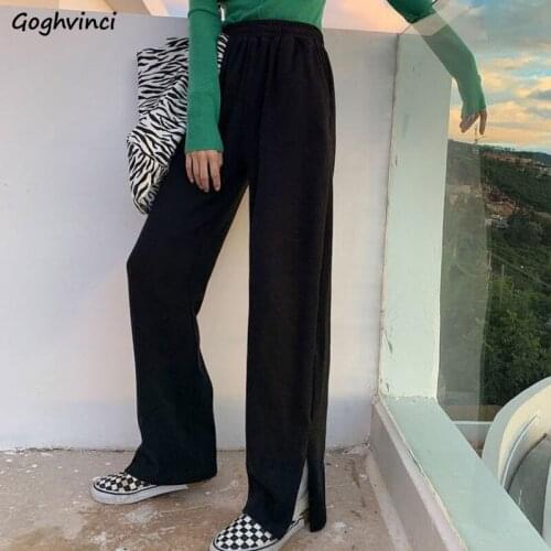 Wide Leg Pants Women Solid All-match Side-slit Elastic Waist Baggy Summer Trendy Trousers Leisure Female Pockets Breathable Soft