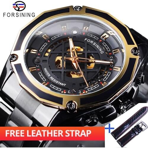 Forsining Watch + Band Set Combination Transparent Luminous Hand Black Steel Strap Mens Automatic Skeleton Watches Montre Homme