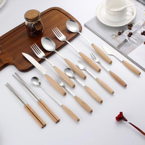 Wooden Handle Dinnerware Set Stainless Steel SteakTable Knife Fork Spoon Tableware Eco-Friendly Luxury Western Food Set Flatware