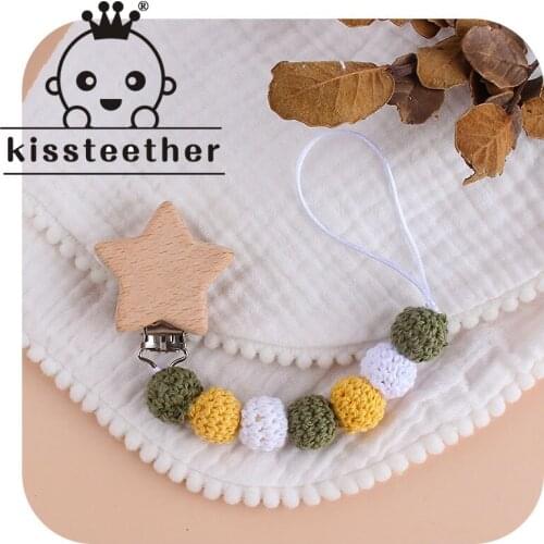 Kissteether Baby Pacifier Chain Beech Five-Pointed Star Clip Rainbow Crochet Beads Toys Teether Pacifier Chain Holder Baby