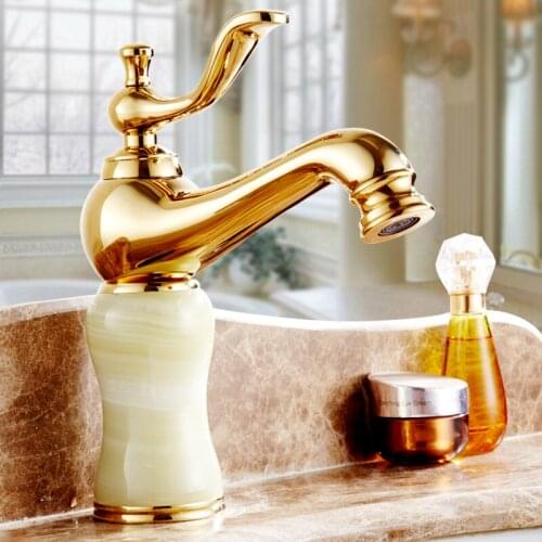 European gold plated style basin faucet mixer tap hot and cold, Copper White jade marble wash basin faucet Whosale or retail
