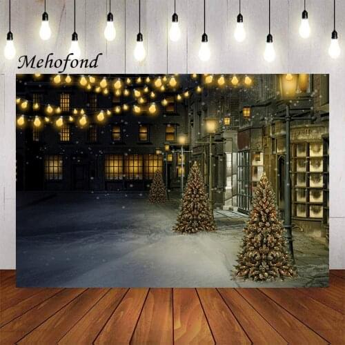 Mehofon Winter Night Photography Background Street Glitter Lamp Christmas Trees Snow Holida Child Portrait Backdrop Photo Studio