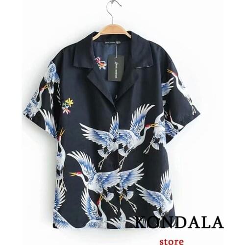 KONDALA 2021 Women Za Shirt Summer Streetwear Crane Printed Short Sleeve Shirts Button Plus Size Blouses Elegant Mujer Tops