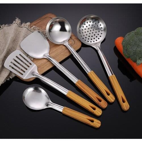 Stainless Steel Cooking Utensils with Wooden Handle Spatula Rice Soup Spoon Frying Shovel Colander Cookware Kitchen Tools