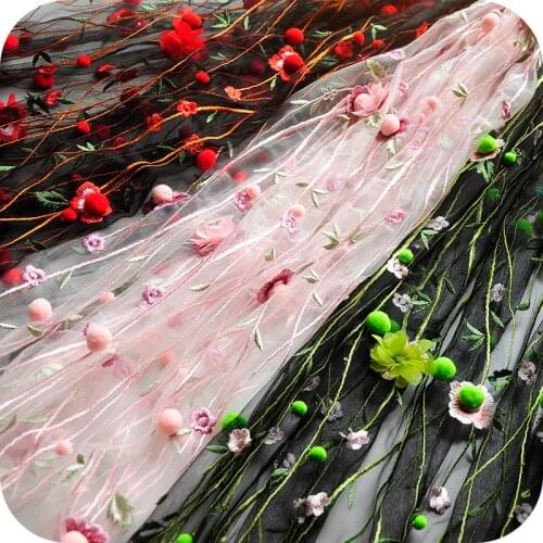 LASUI 1 yard=1 piece multicolor 3d flower embroidery mesh lace fabric Pom pom ball handmade DIY clothes skirt material F0018