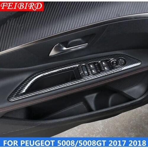 MATTE CARBON FIBER Inner Door Armrest Window Lift Button Panel Molding Cover Kit Trim Accessories For Peugeot 5008 GT 2017 2018