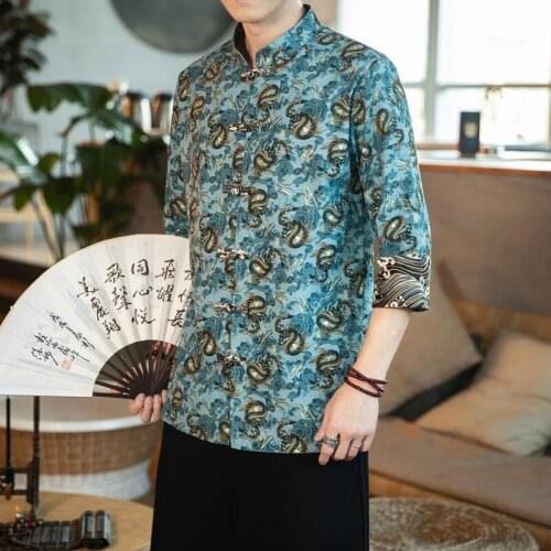 2021 New Chinese Style Mens Tops Tang Suit Linen Cotton Print Traditional Kung Fu China Style Hanfu Shirt Plus Size M-5Xl 31154