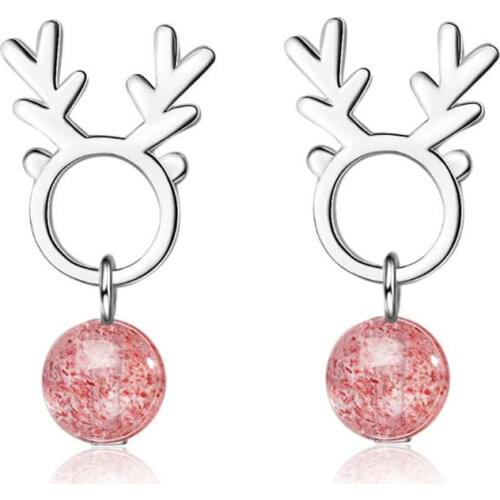 New Small Fresh Pink Strawberry Crystal Women 925 Sterling Silver Jewelry Elk Antler Deer Women Gift Stud Earrings SE864