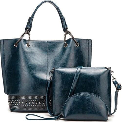 OCEHNUU Rivet Hand Bags Women 2020 New Designer Leather Luxury Tote Handbag 3 Set Female Crossbody Bag Woman Purses Bucket Sac