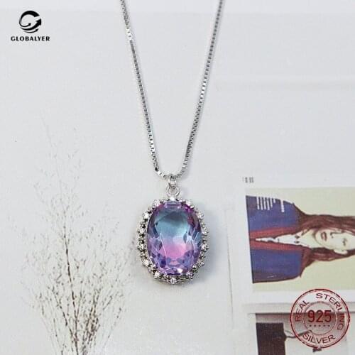 S925 sterling silver colored stone pendant necklace European and American fashion oval gradient stone necklace with crystal 592