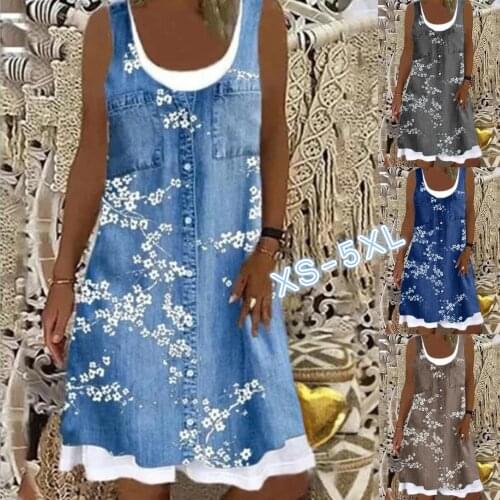 Plus Size Women Fashion Loose Casual Floral Print Round Neck Sleeveless Summer Dress