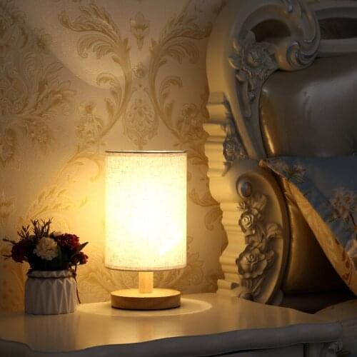 EU Plug Table Lamp LED Simple Nightstand Small Lamp with E27 Warm LED Bulb Included Ambient Light Fabric Shade for Bedroom
