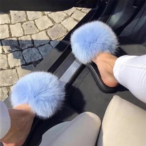 Womens Real Fox Fur Slippers Ladies Fluffy Slides Female Luxury Sandals Girls Fashion Plush Flip Flops House Shoes Large Size