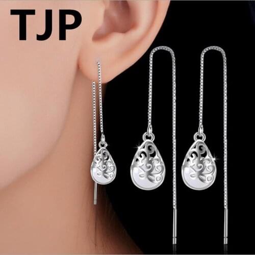 TJP Trendy 925 Sterling Silver Women Earrings Jewelry Fashion Clear Crystal Stones Female Long Ear Line For Women Engagement Hot
