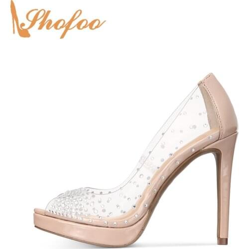 Nude Clear Platform Stilettos High Heels Peep Toe Pumps Woman Slip-on Ladies Shoes Plus Size 13 16 Mature Fashion Crystal Shofoo