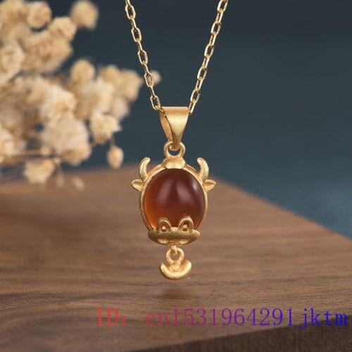 Green Jade Cattle Pendant Jewelry Natural Charm Women Fashion Gemstone 925 Silver Zircon Amulet Crystal Chalcedony Necklace
