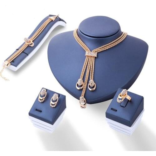 Women Fashion Rhinestone Inlaid Necklace Bracelet Ring Ear Studs Jewelry Set Necklace Bracelet Ring Ear Studs Jewelry Set 2020