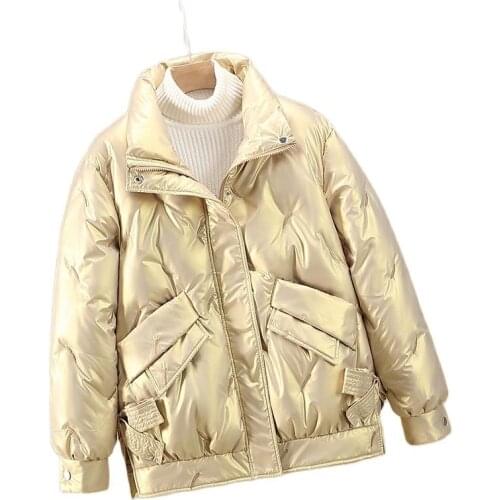 Women Winter Short Stand Collar Embroidery Glossy Windproof Bubble Coat Puffer Jacket Cotton Padded Parkas Warm Outwear