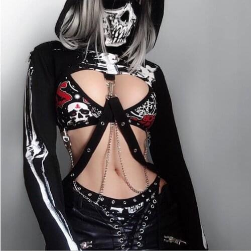 Womens Gothic Hooded Crop Top Skeleton Print Long Sleeve Hoodie with Belts Exposed Navel Ladies Short Sweatshit Pullover Top