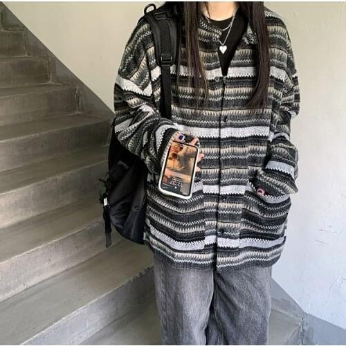 Cardigan for Women clothes Oversize Y2K Unisex Couples korean Striped Knit Sweater HipHop Female New Winter Fashion Retro Daily