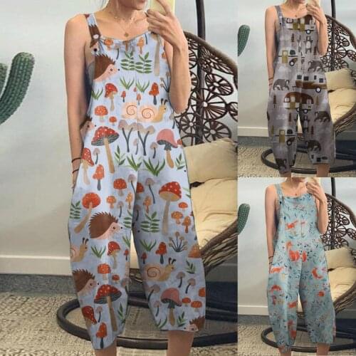 Fashion Print Rompers Women Vintage Wide Leg Pants 2021 Female Overalls Summer Bohemian Playsuits Loose Jumpsuits With Pockets