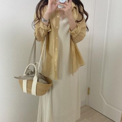 Summer Dress Suits Korean Fashion 2 Two Piece Set Women Long Sleeve Sun Protection Shirt + Strap Long Dress Sets Casual Outfits