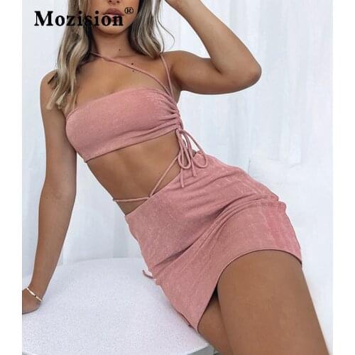 Mozision Two Piece Set Skirt Outfits Women Summer Lace Up Crop Tops And Mini Skirts Suit Femme Beach Party Fashion Matching Suit