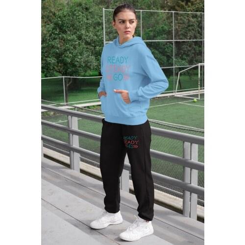 Angemiel Wear Ready Steady Women Tracksuit Set Blue Hooded Sweatshirt Black Sweatpants
