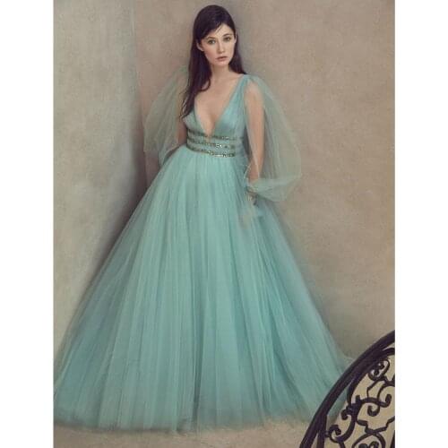 Robe De Soiree Mint Green Tulle Long Evening Formal Dress See Thru Full Sleeves A-line Women Dresses To Party
