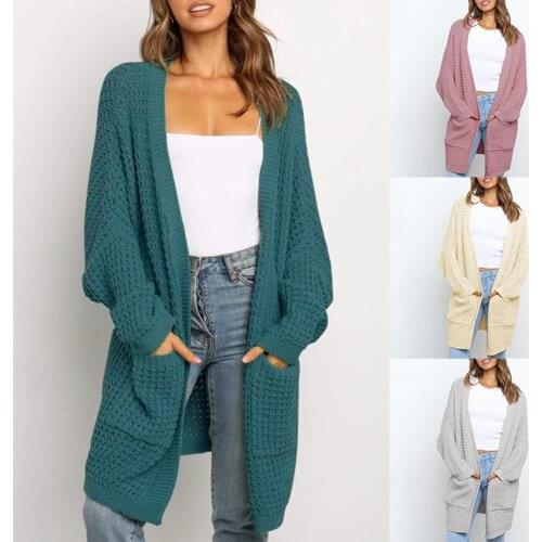 2021 Womens Kimono Long Sleeve Bat Sleeve Front Cardigan Coarse Knit Cardigan Sweater with Pocket