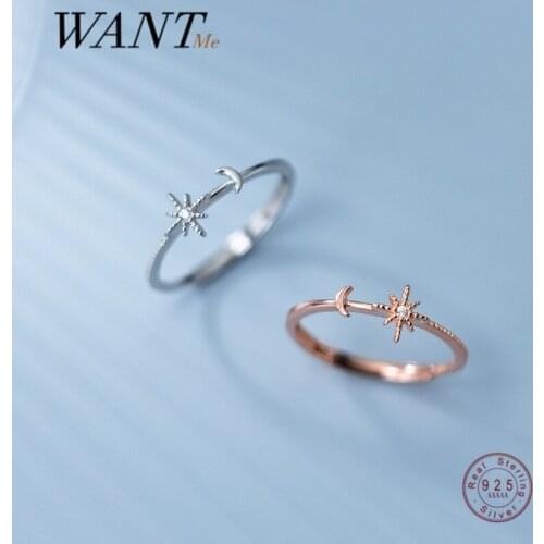 WANTME Genuine 925 Sterling Silver Minimalist Chic Zircon Star Moon Adjustable Finger Ring for Women Charming Party Jewelry 2021