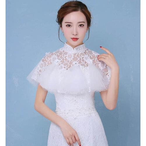 High Neck Women Bolero Wedding Wrap And Shawl White Lace Bolero Flower Ctrystal Tulle Bridal Cape For Party Prom Evening Dress