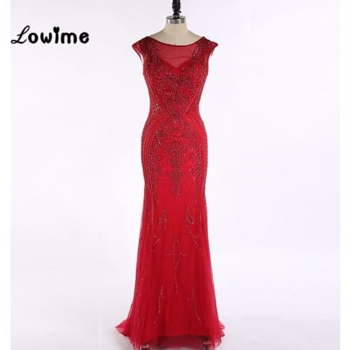 Hot Sexy Red Luxury Evening Dress Mermaid with Cap Sleeve Backless Crystal Engagement Prom Dresses vestido longo Customized