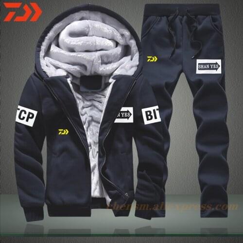 Daiwa Winter Men Fishing Set Casual Warm Thick Jacket+Pants 2PC Inner Fleece Hoodies Zipper Tracksuit Male Sports Suit Outwear