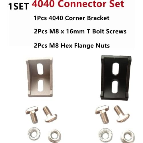 1Set 4040 Aluminum Profile Connector Set: 2Pcs M8 Hex Flange Nuts + 1Pcs 4040 Corner Bracket + 2Pcs M8 x 16mm T Bolt Screws