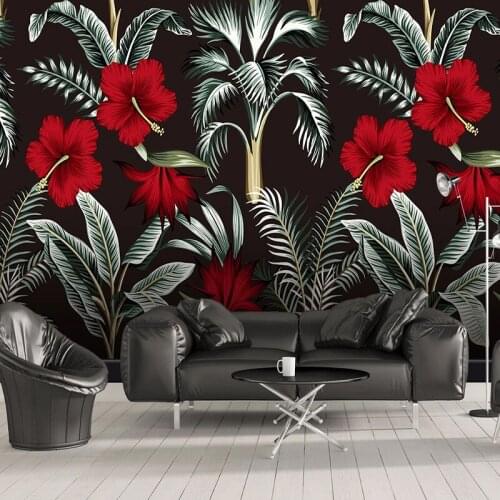 Custom 3D Photo Wallpaper Beautiful Red Flowers Tropical Leaves Non-woven Mural Wallpaper For Living Room Sofa TV Backdrop Wall