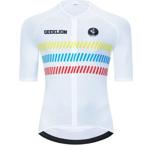Geeklion White Rainbow Cycling Jersey Aero Fit Team Mesh Breathable Bike Wear Short Sleeves Ciclismo Ropa Maillot